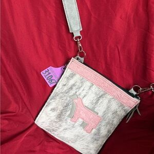 Holy Cow NEW Pink and Gray Crossbody Double barrel Bag with Animal Design $250